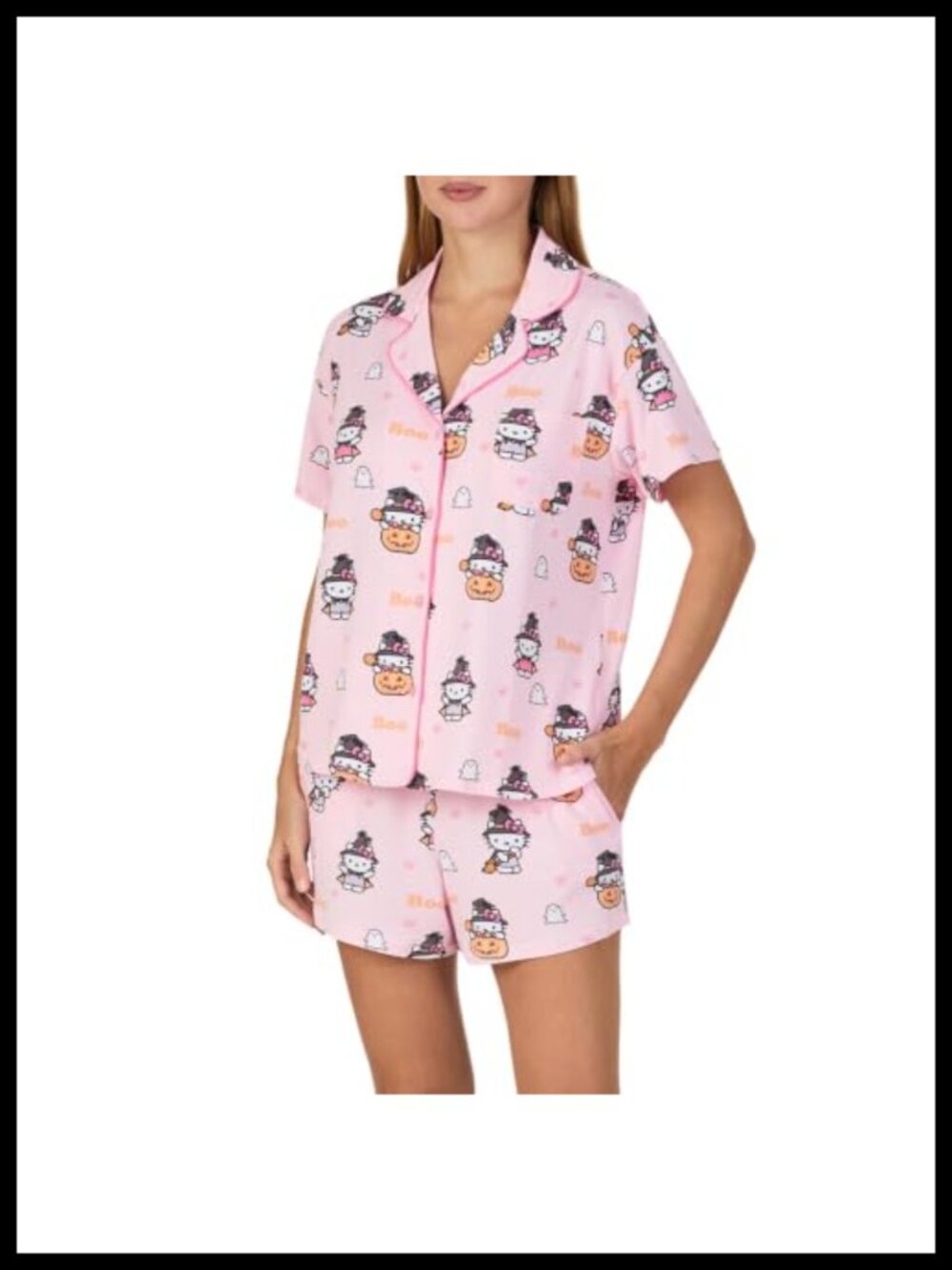 Hello Kitty Halloween Notch Collar Button Up Pajama Shorts Set